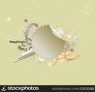 Vector illustration of funky styled design frame made of Peeling sticker, floral elements and arrows
