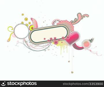 Vector illustration of funky styled design frame with heart shape and floral elements