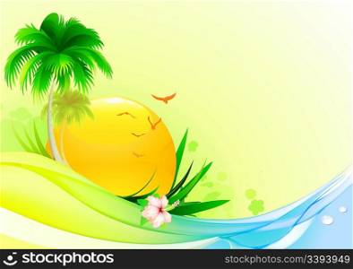 Vector illustration of funky summer background with palm tree, hibiscus flower and idyllic sun
