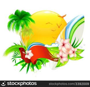 Vector illustration of funky summer background with palm tree, hibiscus flowers and surfboard