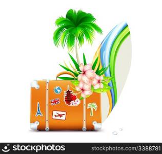 Vector illustration of funky summer background with palm tree, hibiscus flowers, surfboard and vintage suitcase