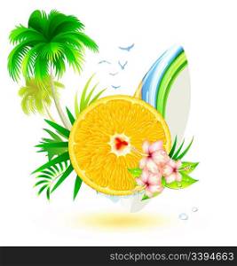 Vector illustration of funky summer background with palm trees, hibiscus flowers, surfboard and juicy slice of orange fruit