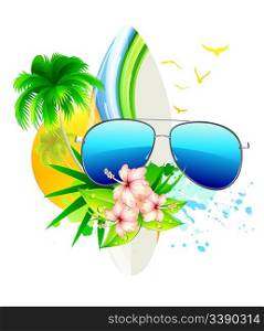 Vector illustration of funky summer background with palm trees, hibiscus flowers, surfboard and funky sunglasses
