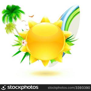 Vector illustration of funky summer background with palm trees, hibiscus flowers, surfboard and yellow sun