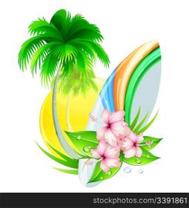 Vector illustration of funky summer insignia with palm tree, hibiscus flowers and surfboard