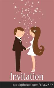 Vector Illustration of funky wedding invitation with funny bride and groom