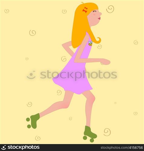 Vector Illustration of funky Young girl riding roller skates