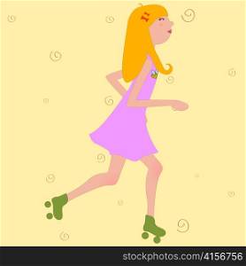 Vector Illustration of funky Young girl riding roller skates