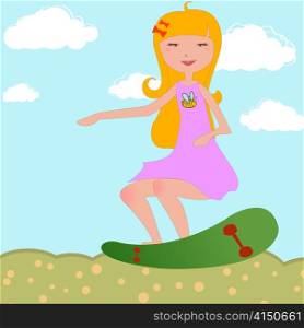 Vector Illustration of funky Young girl riding skateboard