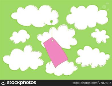 Vector illustration of funny cartoon label attached to the cloud on the sky background.