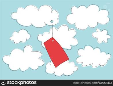 Vector illustration of funny cartoon label attached to the cloud on the sky background.