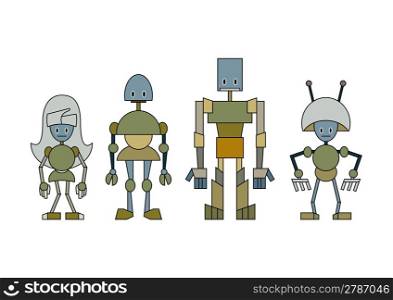 Vector illustration of funny cartoon robots family.
