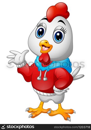 Vector illustration of Funny cartoon rooster in a red jacket waving