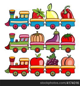 Vector illustration of funny cartoon train, moving the fruits and vegetables