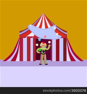 Vector illustration of funny clown boy juggling with colorful balls in a circus tent