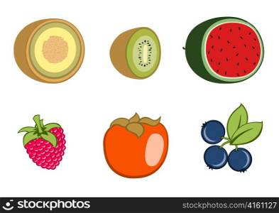 Vector illustration of funny, cute fruit icons. Includes guava , kiwi, watermelon, rasberry, persimmon , blueberry.