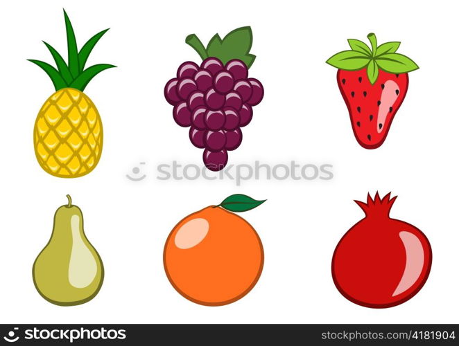 Vector illustration of funny, cute fruit icons. Includes orange, strawberry, grape, pear, pineapple, pomegranate.