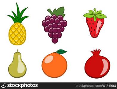Vector illustration of funny, cute fruit icons. Includes orange, strawberry, grape, pear, pineapple, pomegranate.