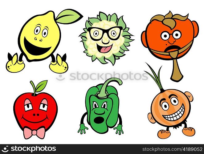 Vector illustration of funny, cute fruits and vegetable icons set.