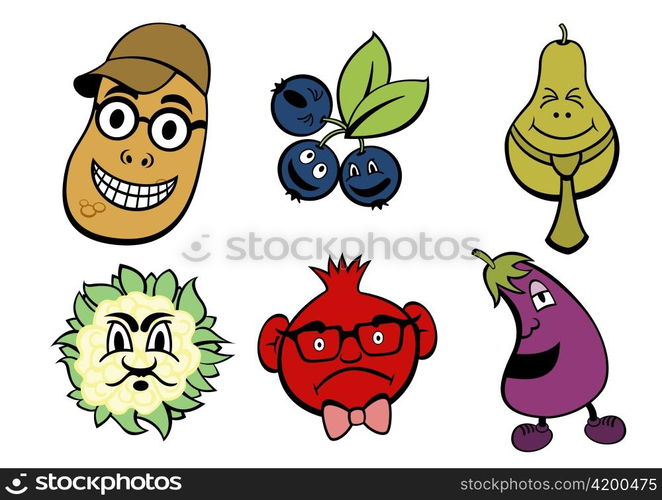 Vector illustration of funny, cute fruits and vegetable icons set.