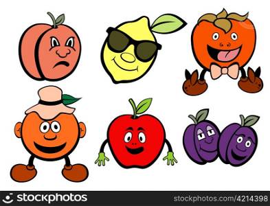 Vector illustration of funny, cute fruits icons set.