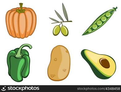 Vector illustration of funny, cute vegetable icons. Includes pumpkin , olive, pea, pepper , potato and avocado .