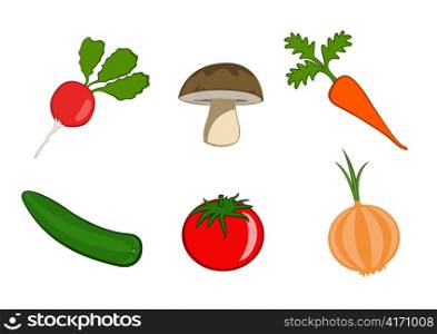 Vector illustration of funny, cute vegetable icons. Includes radish, mushroom, carrot, cucumber, tomato and onion.