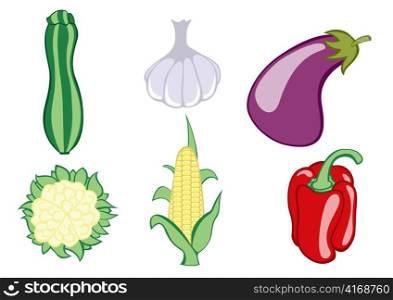 Vector illustration of funny, cute vegetable icons. Includes zucchini , garlic, eggplant, cauliflower , corn and pepper .