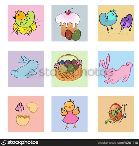 Vector Illustration of funny easter icons decorated with bunny, eggs, chick and flowers.