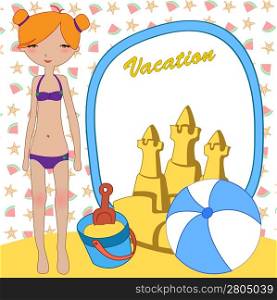 Vector Illustration of funny Kiddie style design summer background with the little girl
