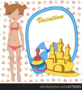 Vector Illustration of funny Kiddie style design summer background with the little girl