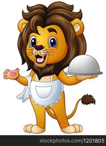 Vector illustration of Funny lion chef cartoon holding a platter