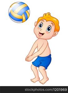 Vector illustration of Funny little boy playing beach volley