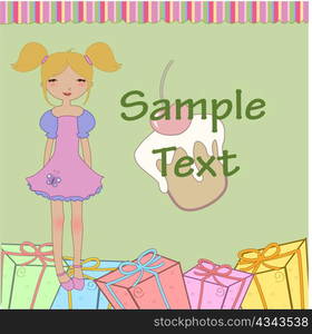 Vector Illustration of funny little girl with present boxes and sweet cake.