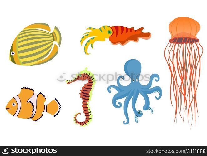 Vector illustration of funny sea animals icons . Our aquatic friends that you can meet on the while diving.