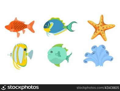 Vector illustration of funny sea animals icons . Our aquatic friends that you can meet on the while diving.