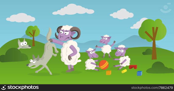 Vector illustration of funny Story of playing Sheep and hunting Wolves in the Nature