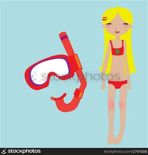Vector Illustration of funny summer background with the little girl and snorkel mask