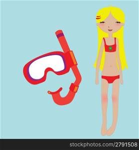 Vector Illustration of funny summer background with the little girl and snorkel mask
