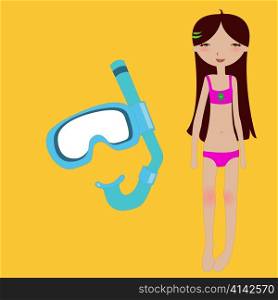 Vector Illustration of funny summer background with the little girl and snorkel mask.