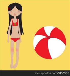 Vector Illustration of funny summer background with the little girl and the ball.