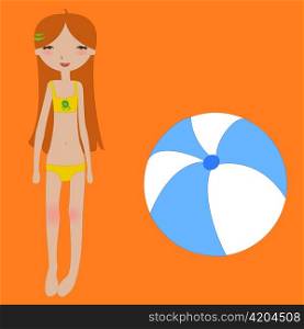 Vector Illustration of funny summer background with the little girl and the ball.