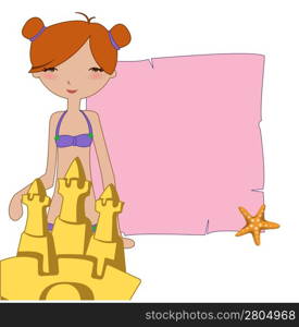 Vector Illustration of funny summer background with the little girl and the sandcastle.