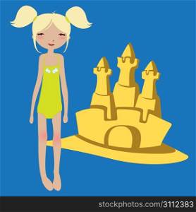 Vector Illustration of funny summer background with the little girl and the sandcastle.