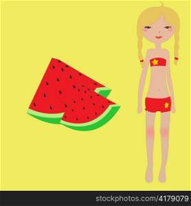 Vector Illustration of funny summer background with the little girl and water melon.