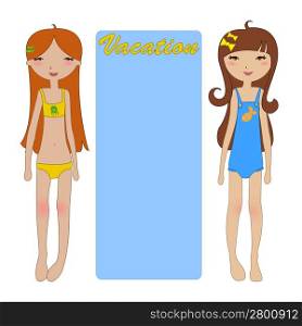 Vector Illustration of funny summer background with two little girls on the beach.
