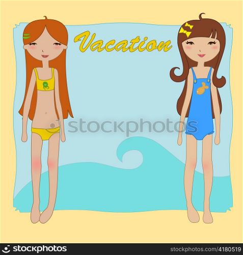 Vector Illustration of funny summer background with two little girls on the beach.