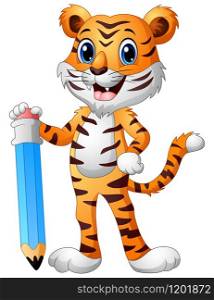 Vector illustration of Funny tiger cartoon holding a big pencil