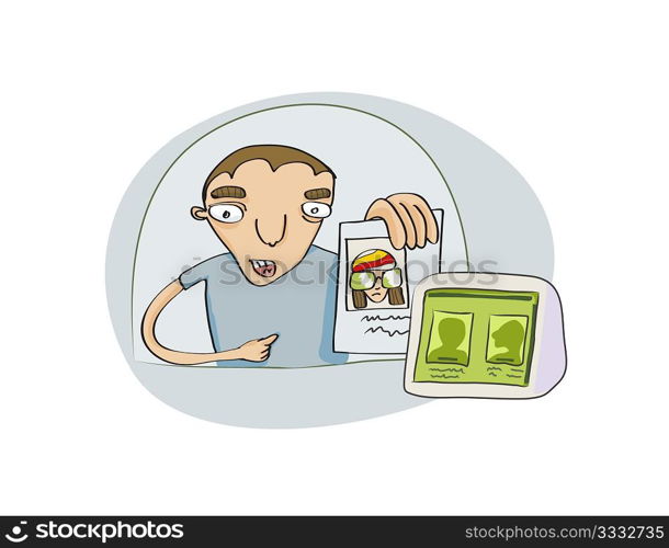 Vector Illustration of Funny young guy showing his document to the security service
