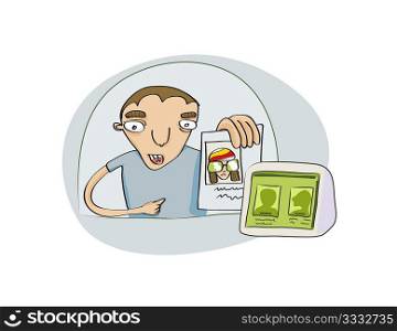 Vector Illustration of Funny young guy showing his document to the security service